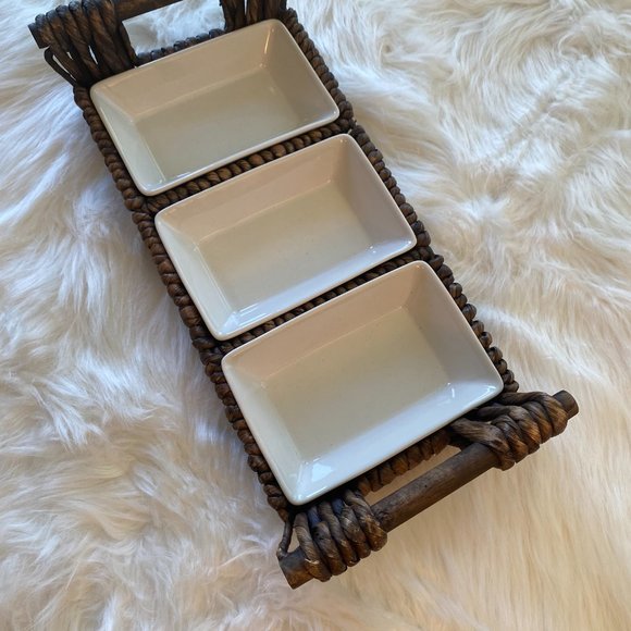 Brown Wicker Woven Condiments Serving Tray w/ 3 Fitted White Dishes NWOT - Picture 6 of 13